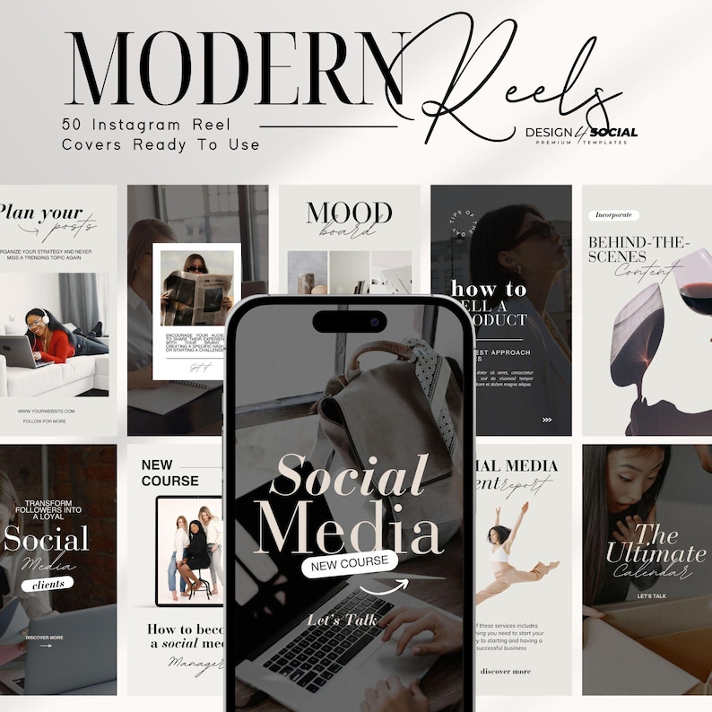 May include: A collection of Instagram reel covers with a modern design. The covers feature a variety of topics, including social media, mood boards, and behind-the-scenes content. The text "MODERN Reels" is displayed in a bold, black font at the top of the image.
