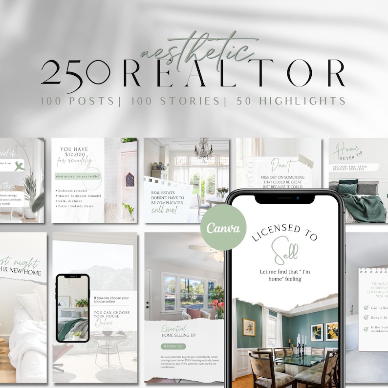May include: A collage of images promoting real estate services. The images feature a variety of home interiors, including a dining room, a bathroom, and a living room. The text on the images includes phrases like "Licensed to Sell", "Essential Home Selling Tip", and "Don't Miss Out on Something That Could Be Great".