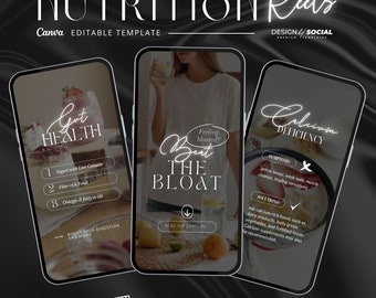 May include: Three Instagram Reels video templates with white neon text on a black background. The first template is titled "Gut Health" and lists three tips for gut health. The second template is titled "Beat the Bloat" and features a woman holding a glass of water. The third template is titled "Calcium Deficiency" and lists symptoms and solutions for calcium deficiency.