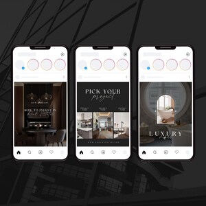 May include: Three Instagram story templates with black backgrounds and white text. The first template features a podcast graphic with the text "new podcast" and "HOW TO INVEST IN Real Estates". The second template features the text "PICK YOUR project" and three images of different rooms. The third template features the text "LUXURY vibes" and an image of a bathroom with a bathtub.