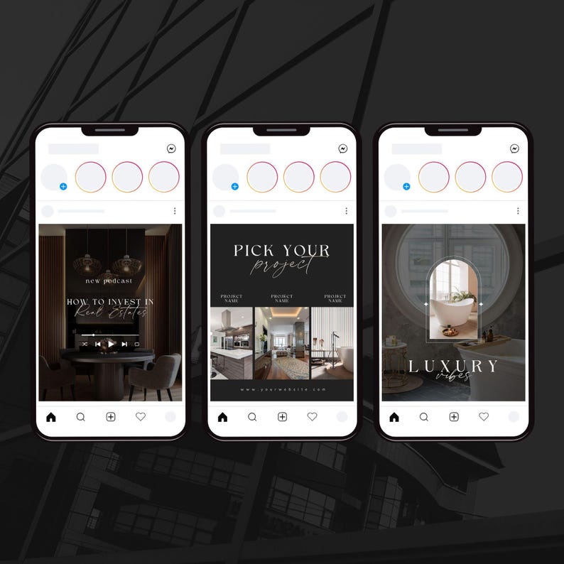 May include: Three Instagram story templates with black backgrounds and white text. The first template features a podcast graphic with the text "new podcast" and "HOW TO INVEST IN Real Estates". The second template features the text "PICK YOUR project" and three images of different rooms. The third template features the text "LUXURY vibes" and an image of a bathroom with a bathtub.