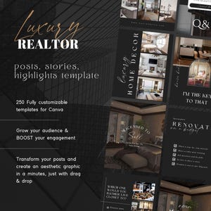 May include: A collection of social media post templates for real estate agents. The templates feature images of luxury homes and text that says "Luxury Home Decor", "Licensed to Sell", "I'm the Key to That", and "Renovation on a Budget".