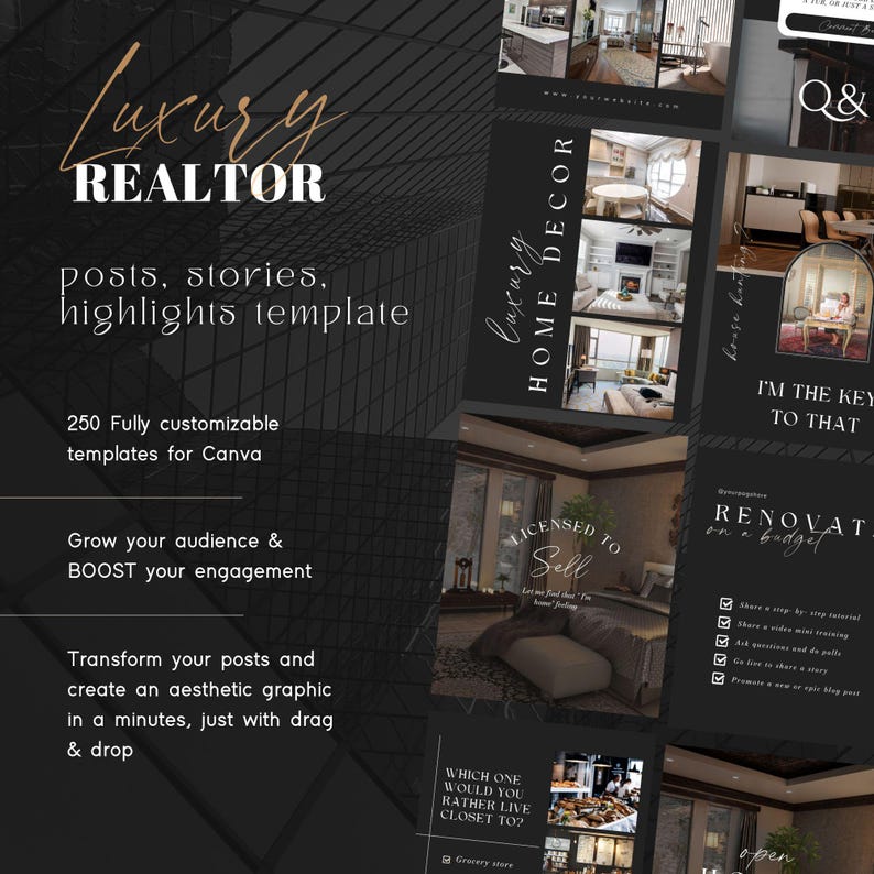 May include: A collection of social media post templates for real estate agents. The templates feature images of luxury homes and text that says "Luxury Home Decor", "Licensed to Sell", "I'm the Key to That", and "Renovation on a Budget".