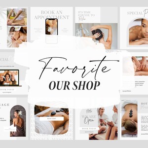 Puede incluir: Un collage de im&aacute;genes que promocionan un spa de masajes. Las im&aacute;genes muestran personas recibiendo masajes, un interior de spa y texto que dice "Favorite Our Shop", "Massage Escape", "Special Promo", "Massage Treatment" y "Hot Stone Massage".