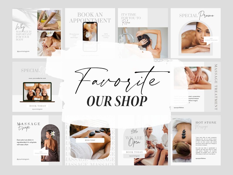Puede incluir: Un collage de im&aacute;genes que promocionan un spa de masajes. Las im&aacute;genes muestran personas recibiendo masajes, un interior de spa y texto que dice "Favorite Our Shop", "Massage Escape", "Special Promo", "Massage Treatment" y "Hot Stone Massage".
