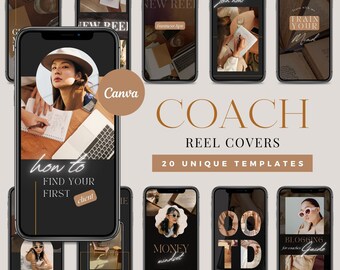 May include: A collection of 20 unique Instagram reel cover templates for coaches. The templates feature a black background with gold accents and text. Some of the templates include images of people, laptops, and books.