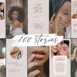 Op de afbeelding: Een collage van negen Instagram-story-sjablonen met een lichtbruine achtergrond. De sjablonen bevatten afbeeldingen van mensen met huidverzorgingsproducten en tekst over beautytips en huidverzorgingsroutines. De tekst omvat "Tip voor schoonheid", "Investeer in jezelf en je schoonheid", "De voordelen van regelmatige gezichtsbehandelingen voor je huid", "Je vertrouwde partner in huidverzorging", "Zachte exfoliatie", "Huidtypeproblemen", "Stralende huid", "Gezichtsbehandelingen" en "Chocolade lichaamsmasker".