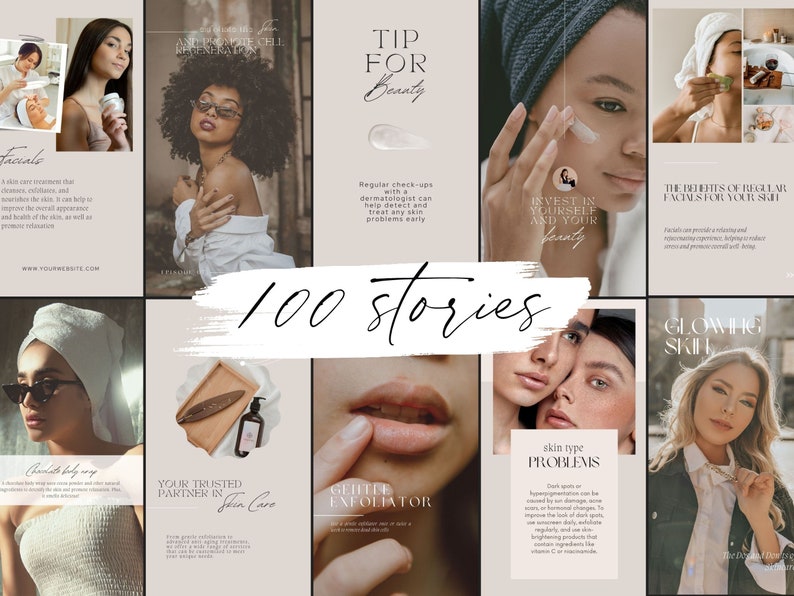 Op de afbeelding: Een collage van negen Instagram-story-sjablonen met een lichtbruine achtergrond. De sjablonen bevatten afbeeldingen van mensen met huidverzorgingsproducten en tekst over beautytips en huidverzorgingsroutines. De tekst omvat "Tip voor schoonheid", "Investeer in jezelf en je schoonheid", "De voordelen van regelmatige gezichtsbehandelingen voor je huid", "Je vertrouwde partner in huidverzorging", "Zachte exfoliatie", "Huidtypeproblemen", "Stralende huid", "Gezichtsbehandelingen" en "Chocolade lichaamsmasker".