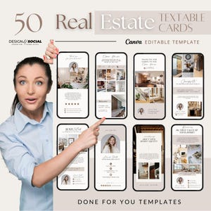 Lot de cartes textuelles pour l'immobilier | Design Canvas pour agents immobiliers | Cartes marketing pour les annonces immobilières et la sensibilisation des clients