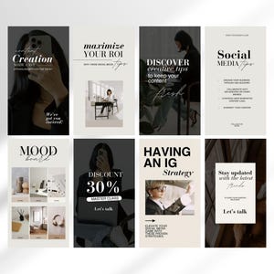 May include: A collection of nine Instagram story templates with tips for content creation, maximizing ROI, discovering creative tips, social media tips, mood boards, discounts, having an Instagram strategy, and staying updated with the latest trends. The templates feature a black background with white text and images.
