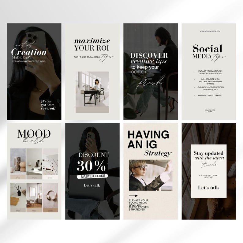 May include: A collection of nine Instagram story templates with tips for content creation, maximizing ROI, discovering creative tips, social media tips, mood boards, discounts, having an Instagram strategy, and staying updated with the latest trends. The templates feature a black background with white text and images.