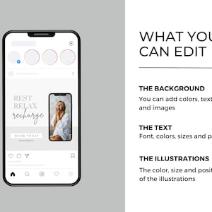 Puede incluir: Una maqueta de tel&eacute;fono inteligente que muestra una publicaci&oacute;n de redes sociales con el texto "REST RELAX recharge" y una llamada a la acci&oacute;n para "BOOK TODAY". La publicaci&oacute;n presenta a una mujer con una bata blanca con las manos en la cara.