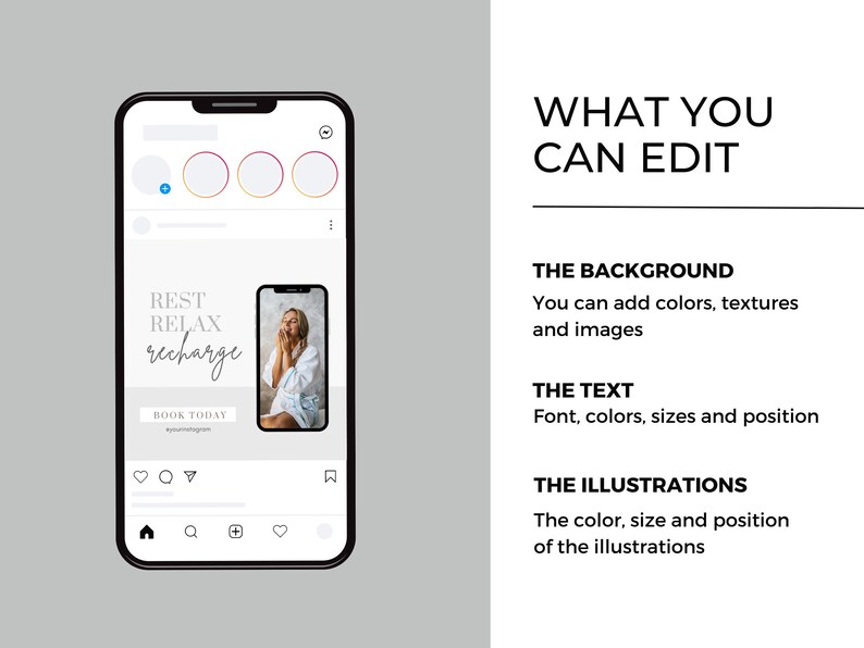 Puede incluir: Una maqueta de tel&eacute;fono inteligente que muestra una publicaci&oacute;n de redes sociales con el texto "REST RELAX recharge" y una llamada a la acci&oacute;n para "BOOK TODAY". La publicaci&oacute;n presenta a una mujer con una bata blanca con las manos en la cara.