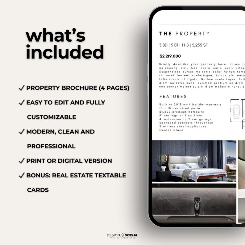 Peut inclure: Maquette num&eacute;rique d'une brochure immobili&egrave;re sur un smartphone. Le design est moderne et professionnel, avec le texte "what's included" et les d&eacute;tails de la propri&eacute;t&eacute;. La brochure comprend des caract&eacute;ristiques, le prix et une mise en page &eacute;pur&eacute;e.