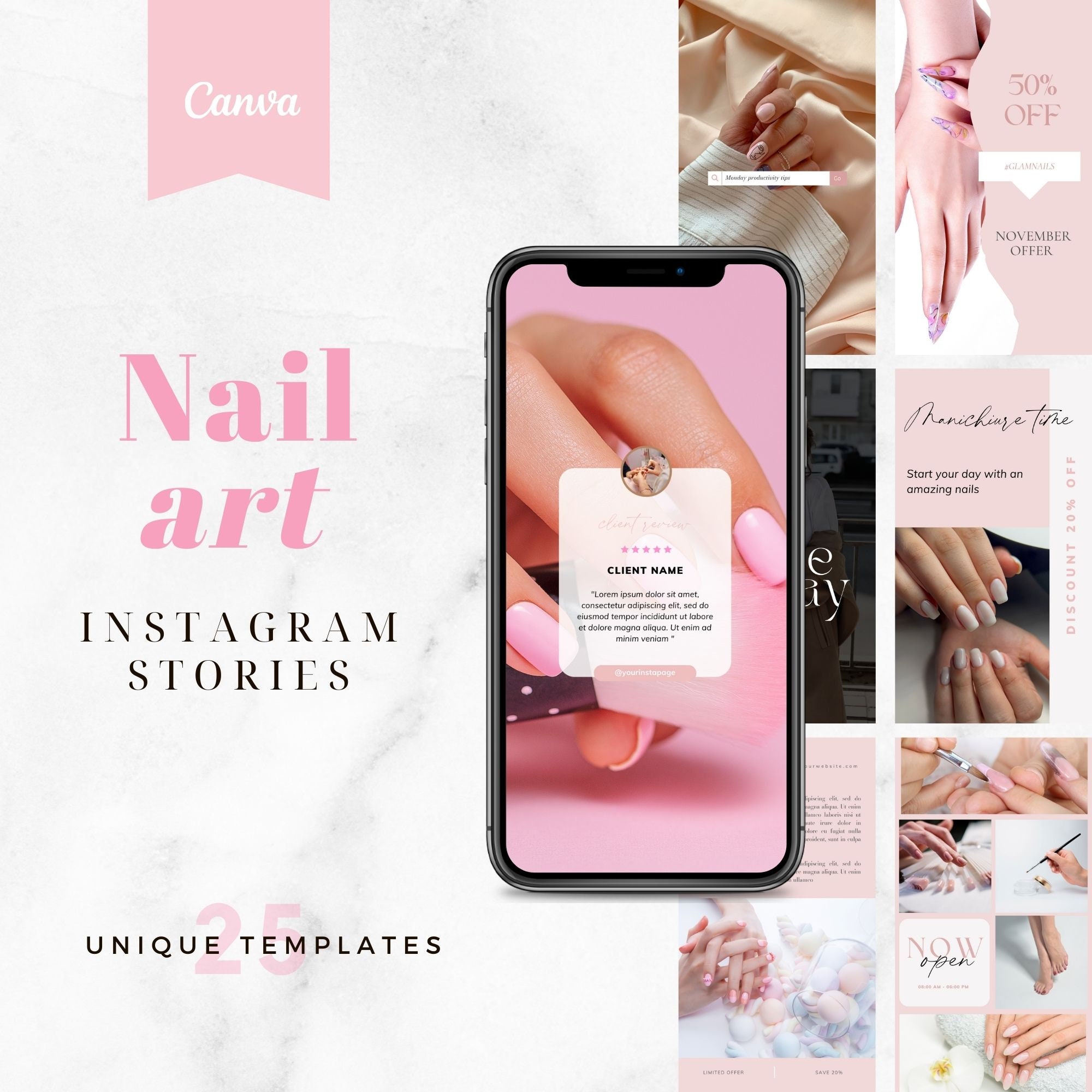Nail Salon Instagram Story Templates | Manicure Pedicure Beauty | Nail Care Story Templates | Canva Template