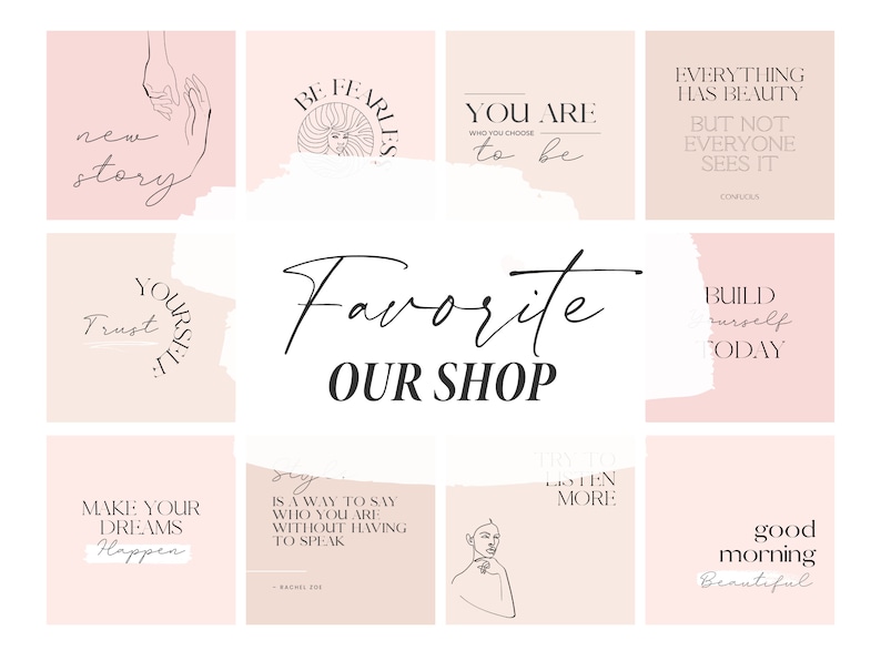 May include: A collage of nine pink and white squares with inspirational quotes and illustrations. The quotes include "new story", "trust yourself", "be fearless", "you are who you choose to be", "everything has beauty but not everyone sees it", "build yourself today", "make your dreams happen", "say is a way to say who you are without having to speak", "listen more", and "good morning beautiful".