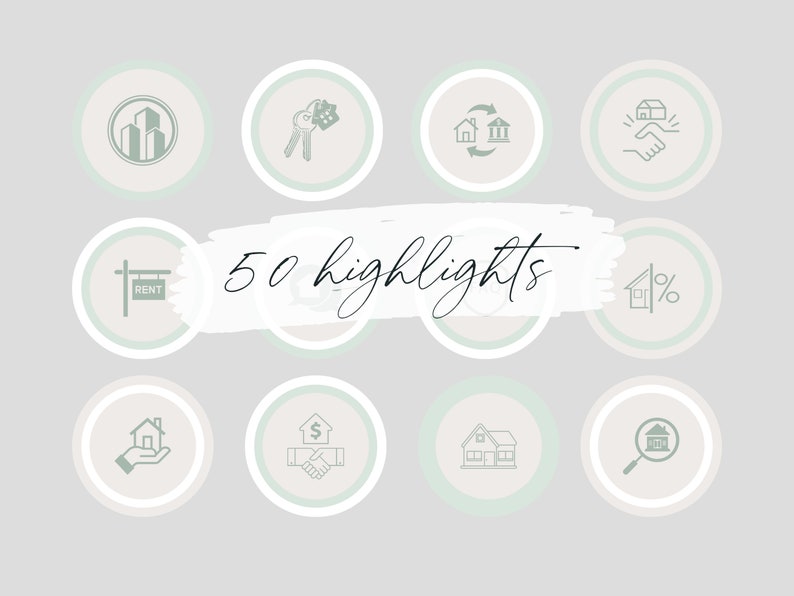May include: A set of 10 round, green and white icons with real estate related illustrations. The icons are arranged in a grid pattern. The text "50 highlights" is written in black cursive on a white background.