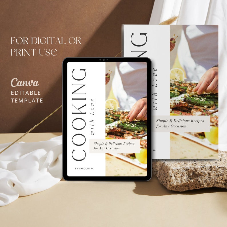 K&ouml;nnte beinhalten: Ein digitales Mockup eines Kochbuchcovers mit wei&szlig;em Hintergrund und dem Text "COOKING with Love" in Schwarz. Das Cover zeigt ein Foto einer Hand, die einem Gericht mit gegrilltem Gem&uuml;se Kr&auml;uter hinzuf&uuml;gt. Der Text "Simple & Delicious Recipes for Any Occasion" ist ebenfalls auf dem Cover enthalten.
