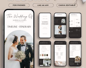 Puede incluir: Plantilla digital de itinerario de boda que se muestra en teléfonos inteligentes. El diseño incluye una foto de los novios, con el texto "The Wedding Of SOPHIA & JAMES AUGUST 19, 2025 TIMELINE + ITINERARY". Pantallas adicionales muestran detalles de la ceremonia, el ensayo y el alojamiento.