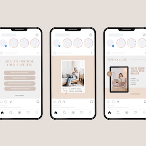 May include: Three Instagram post mockups on a smartphone screen. The first post is a light brown background with the text "HOW TO OPTIMISE YOUR CAPTIONS" and four bullet points. The second post is a light brown background with a photo of a woman sitting on a couch with a laptop. The text "Tag" is written in cursive. The third post is a light brown background with a photo of a woman sitting on a chair with a laptop. The text "NEW COURSE: HOW TO BECOME A SOCIAL MEDIA MANAGER" is written in white text on a black rectangle.