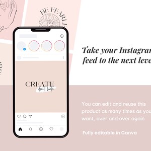 May include: A phone screen mockup showing a pink Instagram post template with the text "CREATE don't hate" in black. The template has three circles for photos and a heart, comment, and share icon. The phone screen is on a pink background.