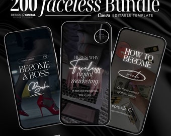 May include: A set of three phone screen mockups with text overlays. The first mockup shows the text "Become a Boss Babe" with a red high heel shoe. The second mockup shows the text "Here's why faceless digital marketing is revolutionizing the game." The third mockup shows the text "How to become rich" with a hand holding money. The text "Do these instead of these things" and "Episode 01" are also visible.