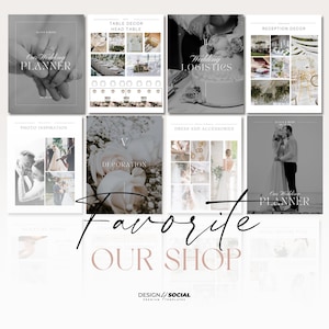 May include: A collage of images showcasing wedding planning templates. The images include a wedding planner, table decor, wedding logistics, dress and accessories, photo inspiration, reception decor, and signature drinks. The text "Favorite Our Shop" is displayed in a large font.