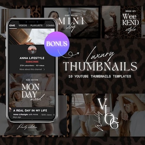 May include: A collage of 10 YouTube thumbnail templates with a leopard print background. The thumbnails feature a variety of lifestyle content, including fashion, beauty, and travel. The text "Luxury Thumbnails" is displayed in a white outline font.