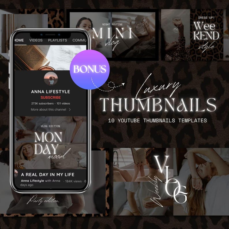 May include: A collage of 10 YouTube thumbnail templates with a leopard print background. The thumbnails feature a variety of lifestyle content, including fashion, beauty, and travel. The text "Luxury Thumbnails" is displayed in a white outline font.