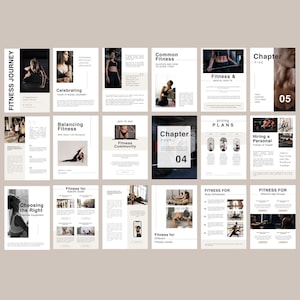 Puede incluir: Una gu&iacute;a de fitness digital con fondo beige y texto negro. La gu&iacute;a est&aacute; dividida en cap&iacute;tulos, cada uno con un tema diferente relacionado con el fitness. Los cap&iacute;tulos incluyen "Fitness Journey", "Celebrating Your Fitness Journey", "Balancing Fitness", "Common Fitness", "Fitness & Mental Health", "Choosing the Right Exercise Equipment", "Fitness for Specific Goals", "Join in our Fitness Community", "Chapter Four", "Pricing Plans", "Hiring a Personal Trainer or Coach", "Fitness for Busy Schedules", "Fitness for Different Fitness Levels", "Fitness for Different Age Groups".