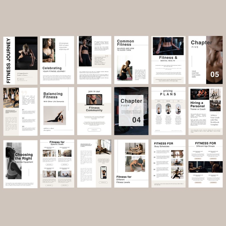 Puede incluir: Una gu&iacute;a de fitness digital con fondo beige y texto negro. La gu&iacute;a est&aacute; dividida en cap&iacute;tulos, cada uno con un tema diferente relacionado con el fitness. Los cap&iacute;tulos incluyen "Fitness Journey", "Celebrating Your Fitness Journey", "Balancing Fitness", "Common Fitness", "Fitness & Mental Health", "Choosing the Right Exercise Equipment", "Fitness for Specific Goals", "Join in our Fitness Community", "Chapter Four", "Pricing Plans", "Hiring a Personal Trainer or Coach", "Fitness for Busy Schedules", "Fitness for Different Fitness Levels", "Fitness for Different Age Groups".