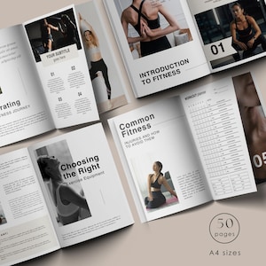 Puede incluir: Una gu&iacute;a de fitness de 50 p&aacute;ginas, que incluye un planificador de entrenamiento, consejos para elegir el equipo de ejercicio adecuado e informaci&oacute;n sobre lesiones comunes en el fitness. La gu&iacute;a tiene un dise&ntilde;o minimalista con texto negro sobre fondo blanco.