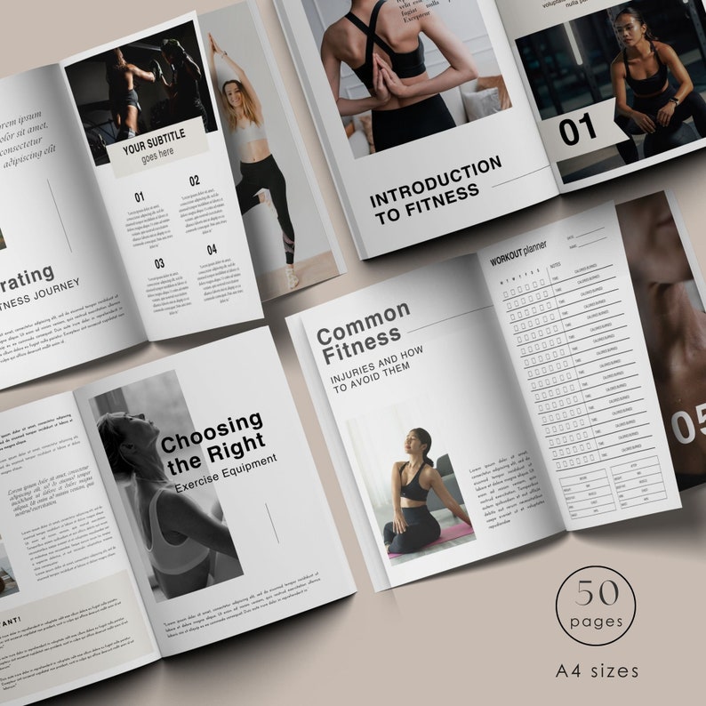 Puede incluir: Una gu&iacute;a de fitness de 50 p&aacute;ginas, que incluye un planificador de entrenamiento, consejos para elegir el equipo de ejercicio adecuado e informaci&oacute;n sobre lesiones comunes en el fitness. La gu&iacute;a tiene un dise&ntilde;o minimalista con texto negro sobre fondo blanco.