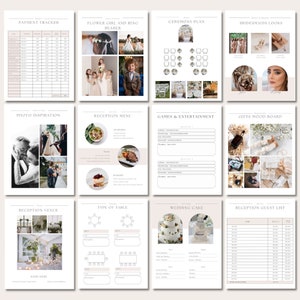 May include: A wedding planning checklist with sections for payment tracker, flower girl and ring bearer, ceremony plan, bridesmaids looks, photo inspiration, reception menu, games and entertainment, gifts mood board, reception venue, type of table, wedding cake, and reception guest list.