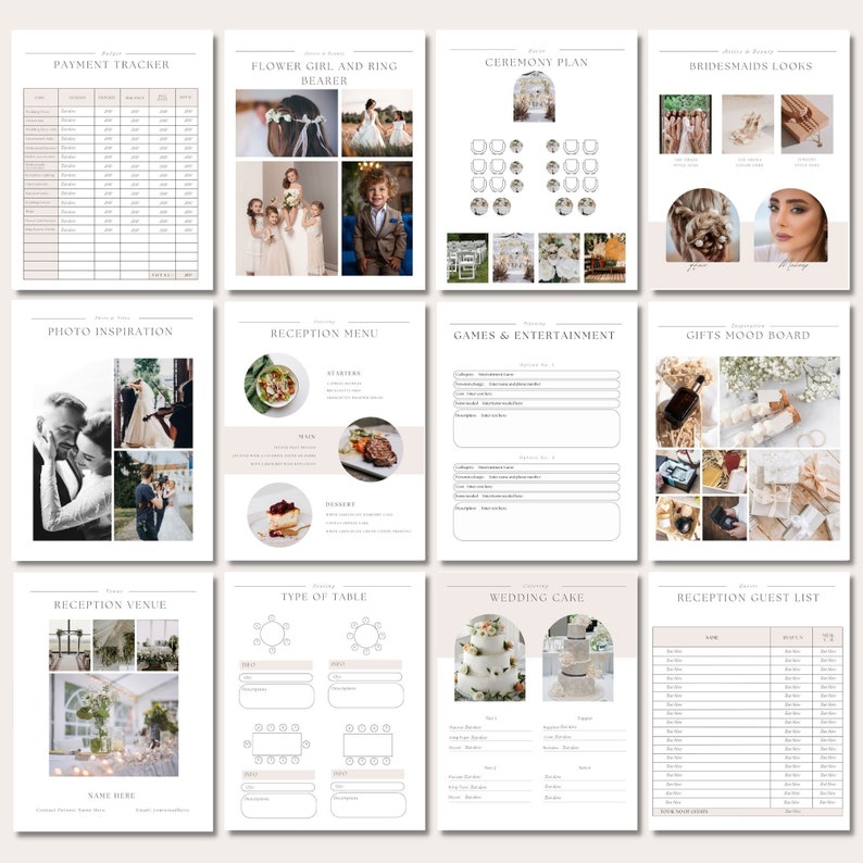 May include: A wedding planning checklist with sections for payment tracker, flower girl and ring bearer, ceremony plan, bridesmaids looks, photo inspiration, reception menu, games and entertainment, gifts mood board, reception venue, type of table, wedding cake, and reception guest list.