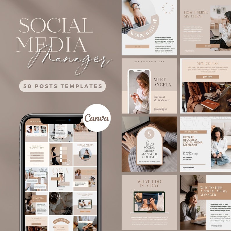May include: A collection of 50 social media post templates for Canva. The templates are designed in a minimalist style with a neutral color palette of beige and brown. The templates feature text overlays with phrases like "How I Serve My Client", "Meet Angela", "What I Do in a Day", and "Why to Hire a Social Media Manager".