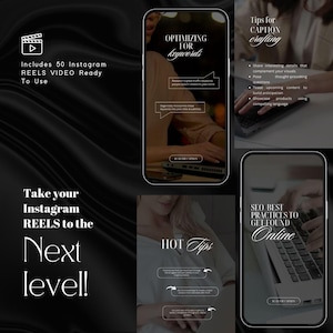 May include: Four black and white mobile phone screens with text and images. The first screen has the text "Optimizing for keywords" and shows a person typing on a laptop. The second screen has the text "Tips for caption crafting" and shows a person typing on a keyboard. The third screen has the text "Take your Instagram Reels to the next level!" and shows a person typing on a laptop. The fourth screen has the text "SEO Best Practices to Get Found Online" and shows a person typing on a laptop.