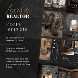 May include: A collection of social media post templates for real estate agents. The templates feature images of luxury homes and interiors with text overlays such as "Luxury Homes", "Discover Our Secret", "Listing Management", and "Home for Sale".