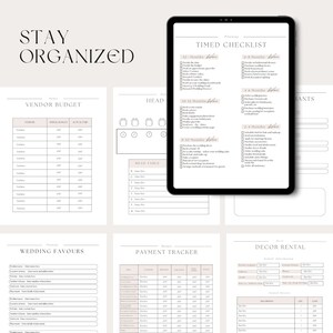 May include: A printable wedding planning checklist and budget tracker with sections for vendor budget, wedding favors, payment tracker, and decor rental. The checklist includes a timed checklist with tasks to complete 12 months before the wedding, 10 months before, 8 months before, 6 months before, 4 months before, and 2 months before the wedding.