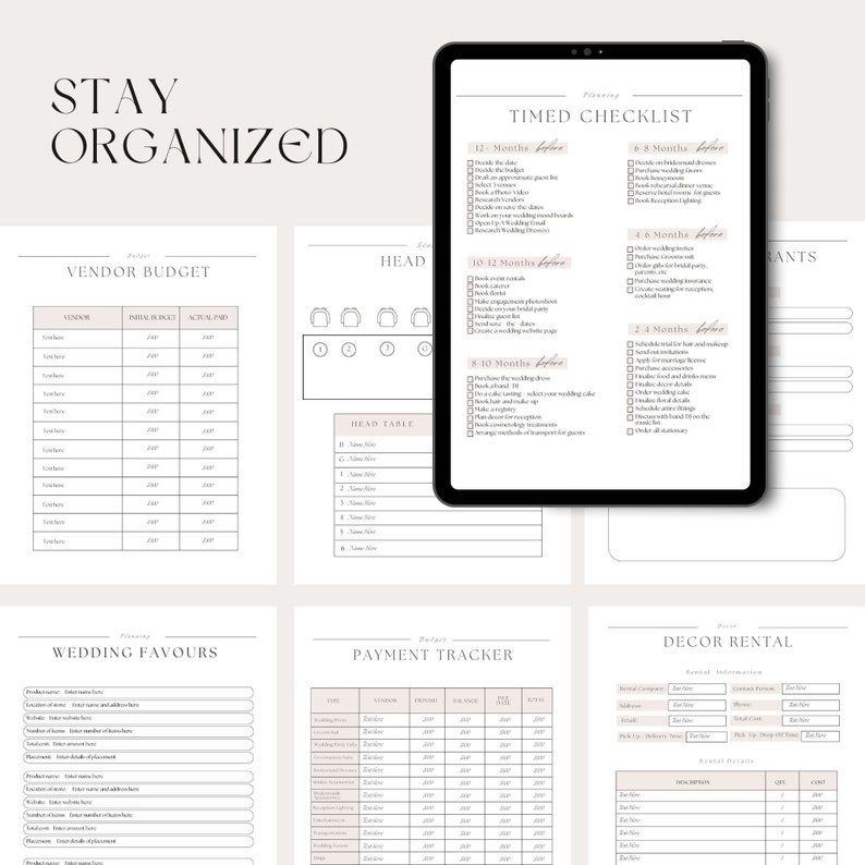 May include: A printable wedding planning checklist and budget tracker with sections for vendor budget, wedding favors, payment tracker, and decor rental. The checklist includes a timed checklist with tasks to complete 12 months before the wedding, 10 months before, 8 months before, 6 months before, 4 months before, and 2 months before the wedding.