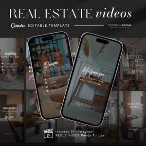 May include: A collection of 50 Instagram Reels video templates for real estate agents. The templates feature a variety of designs, including photos of homes, text overlays, and animated graphics. The text on the templates includes phrases like "Helping you find a house you can call home" and "Reasons to choose me as your realtor".