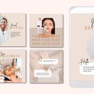 May include: A collage of images promoting beauty and skincare services. The images feature a woman receiving a facial, a woman receiving a massage, and a woman with a clean face. The text on the images includes "facial routine", "new treatment", "sale", "meet your esthetician", and "hello".