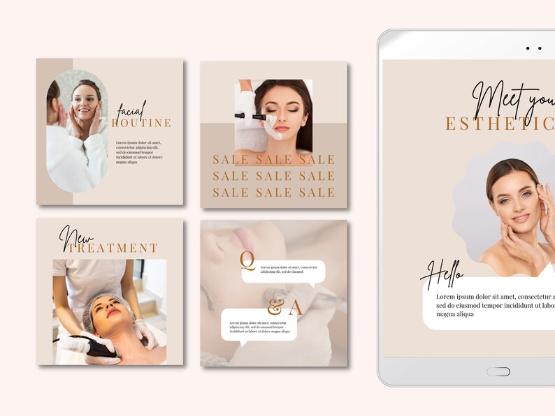 May include: A collage of images promoting beauty and skincare services. The images feature a woman receiving a facial, a woman receiving a massage, and a woman with a clean face. The text on the images includes "facial routine", "new treatment", "sale", "meet your esthetician", and "hello".