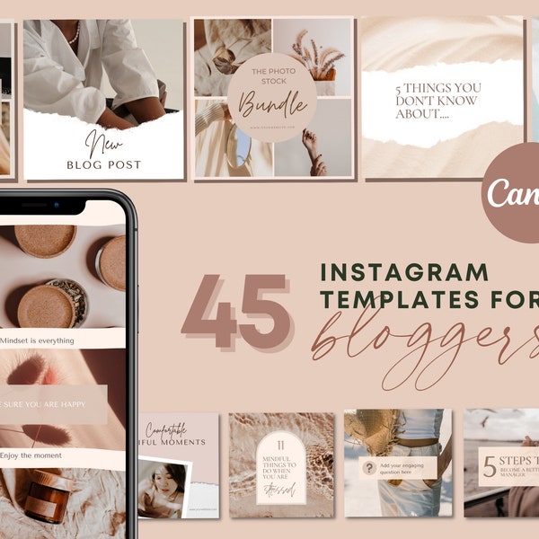 45 Instagram-sjablonen voor bloggers | Sjablonen voor berichten en verhalen voor bloggers | Verhoog uw Instagram-betrokkenheidspercentage | Bewerkbaar in Canva