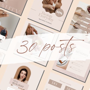 May include: A collage of 30 social media posts for a beauty brand. The posts feature images of skincare products, beauty tips, and lifestyle content. The text on the posts includes "Beauty Everyday", "Serum benefits", "Skincare routine", "New Blog Post", and "30 posts".