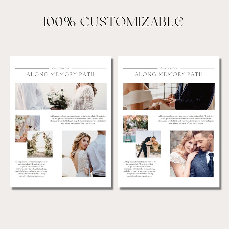 May include: Two pages of a wedding photo album template with the text "Along Memory Path" and a collage of wedding photos. The text "100% Customizable" appears at the top of the page.