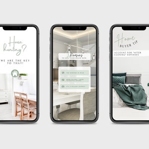 May include: Three smartphone screens with real estate marketing tips. The first screen says "House hunting? We are the key to that!" The second screen says "Reasons to sell your house now: The market is high, More buyers, More negotiating offers, It's a seller's market." The third screen says "Home Buyer Tip: Account for "after closing" expenses."
