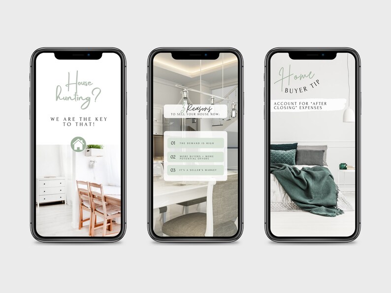 May include: Three smartphone screens with real estate marketing tips. The first screen says "House hunting? We are the key to that!" The second screen says "Reasons to sell your house now: The market is high, More buyers, More negotiating offers, It's a seller's market." The third screen says "Home Buyer Tip: Account for "after closing" expenses."