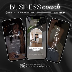May include: A black and white graphic design template for a business coach. The template features three phone screens with different designs. The first screen has the text "Our Courses" and lists course dates. The second screen has the text "Productivity" and "Achieve Your Goals" with a woman working on a laptop. The third screen has the text "GRWM Office Style".