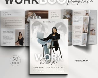 May include: A workbook template with a modern design. The cover features a woman sitting on a chair with a laptop and a phone. The title is "WORK Book" and the subtitle is "Essential Tips for Success". The text "50 pages" is in the bottom left corner. The text "DESIGN//SOCIAL" is in the bottom right corner. The text "PRINT & DIGITAL" is in the bottom left corner. The text "MODERN DESIGN" is in the bottom center. The text "CANVA EDITABLE" is in the bottom right corner.